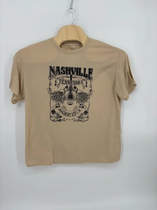 Nashville TN Music City T-Shirt XL Tan Distressed Guitar Graphic Country Western - Picture 2 of 7